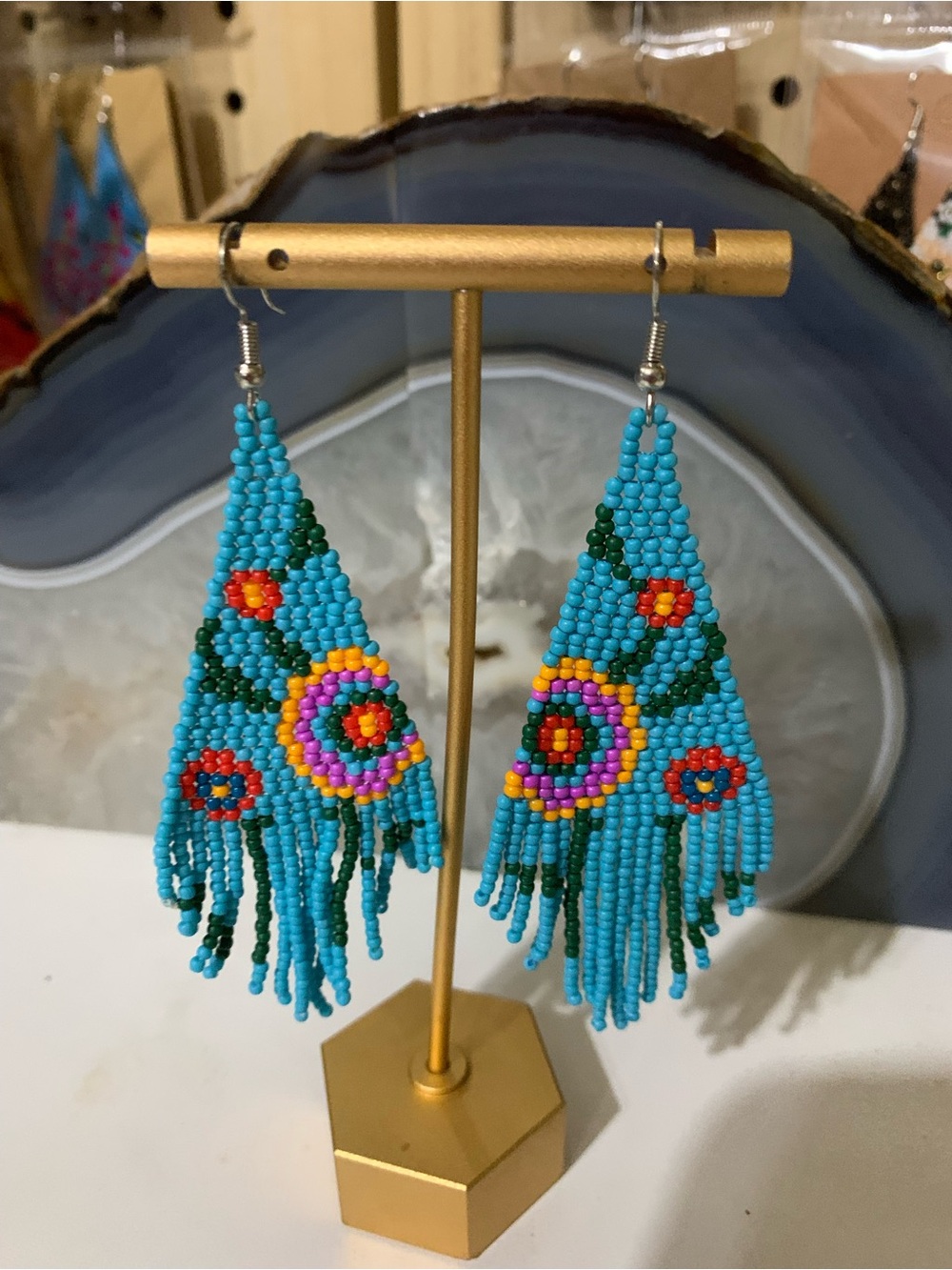 Turquoise Floral Beaded Fringe Earrings - Women Jewelry